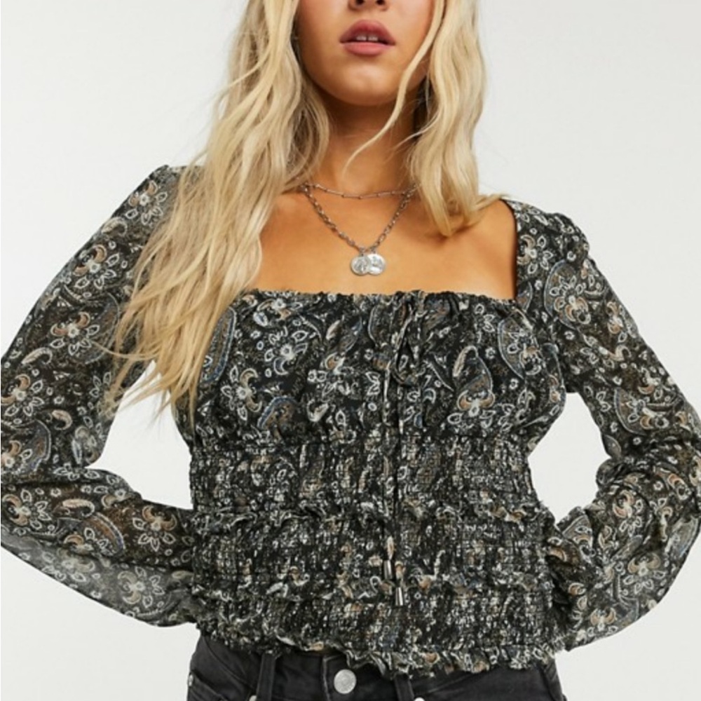 FREE PEOPLE Lolita Floral Print Smocked Top NWOT sz L